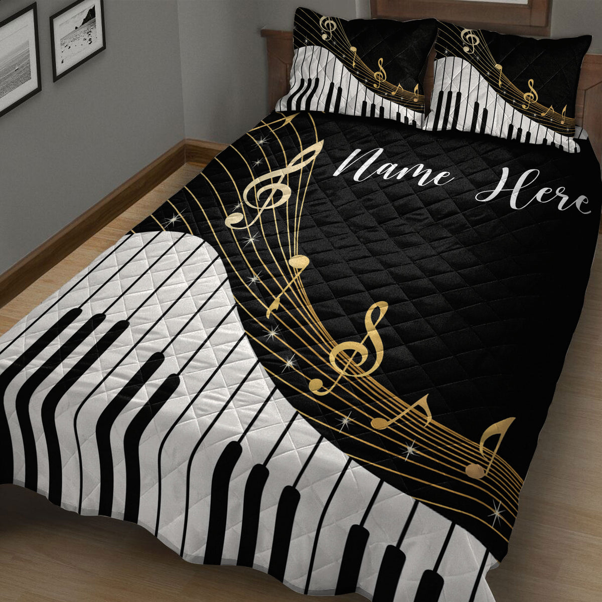 Black piano quilt blanket with gold music notes and white piano keys presented on a bedroom bed