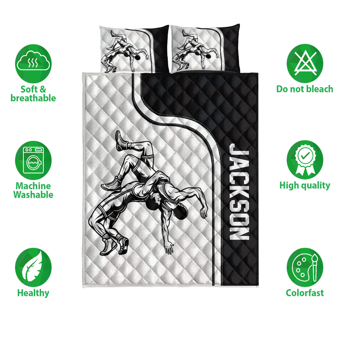 Black and white wrestling quilt bedding set with grappling artwork and feature icons