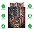 Deer hunting quilt blanket shown with matching deer artwork and product feature icons