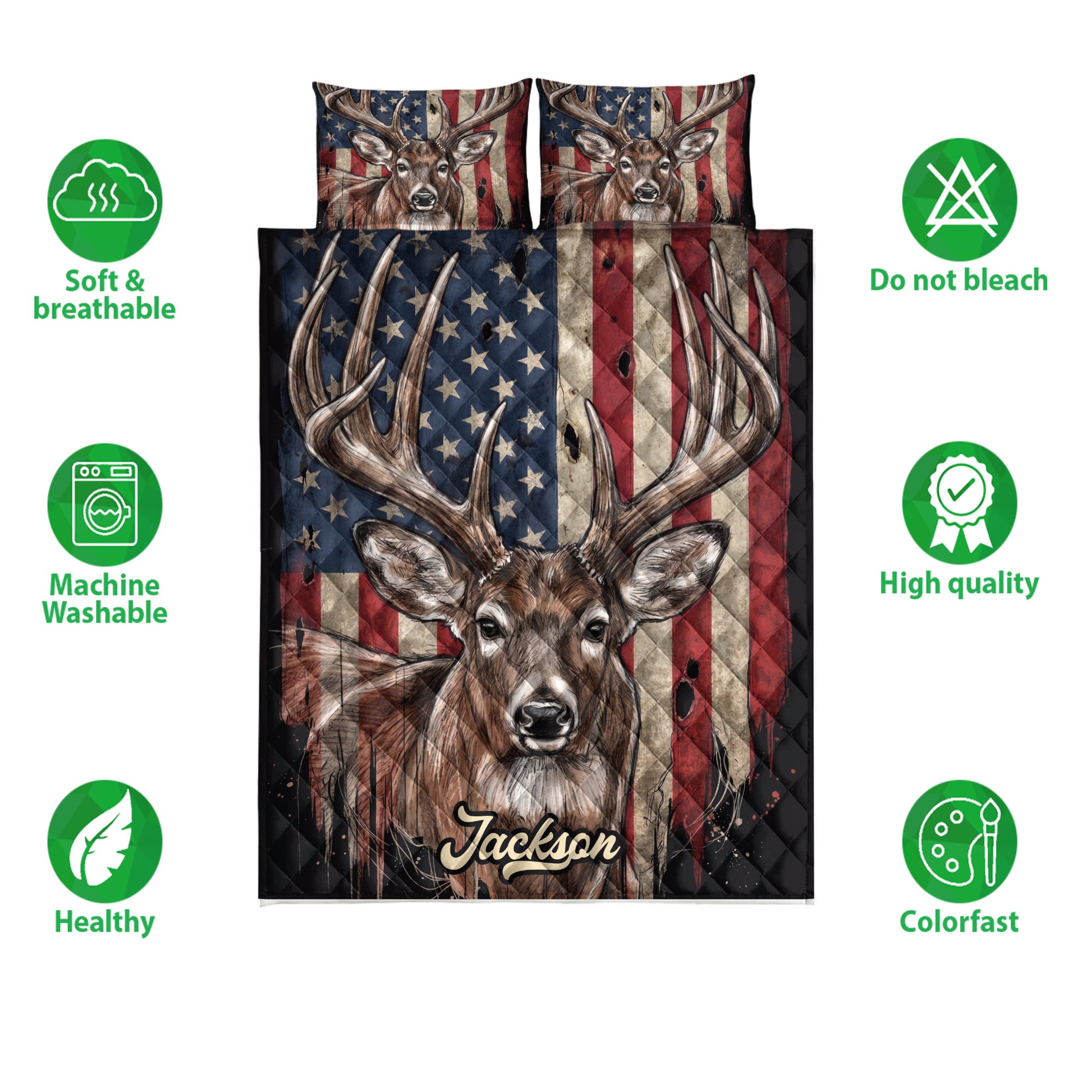 Deer hunting quilt blanket shown with matching deer artwork and product feature icons
