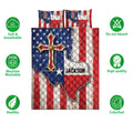 Texas quilt bedding set shown flat with patriotic flag colors, star details, and a bold Texas outline
