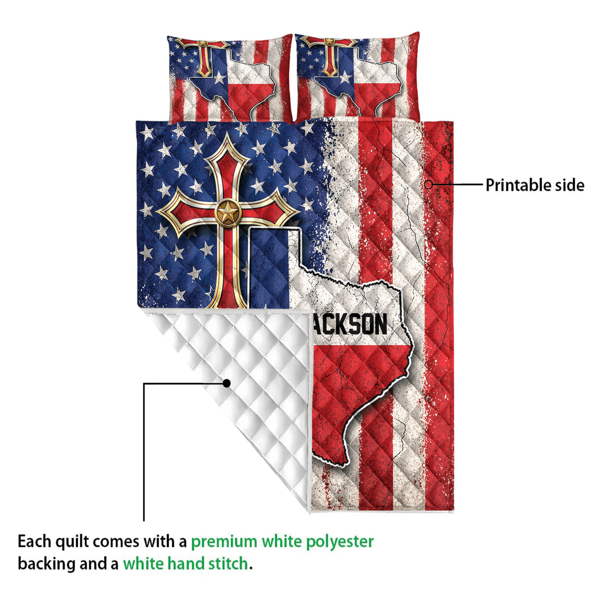 Close view of the Texas quilt blanket showing its printed patriotic design and white quilted backing