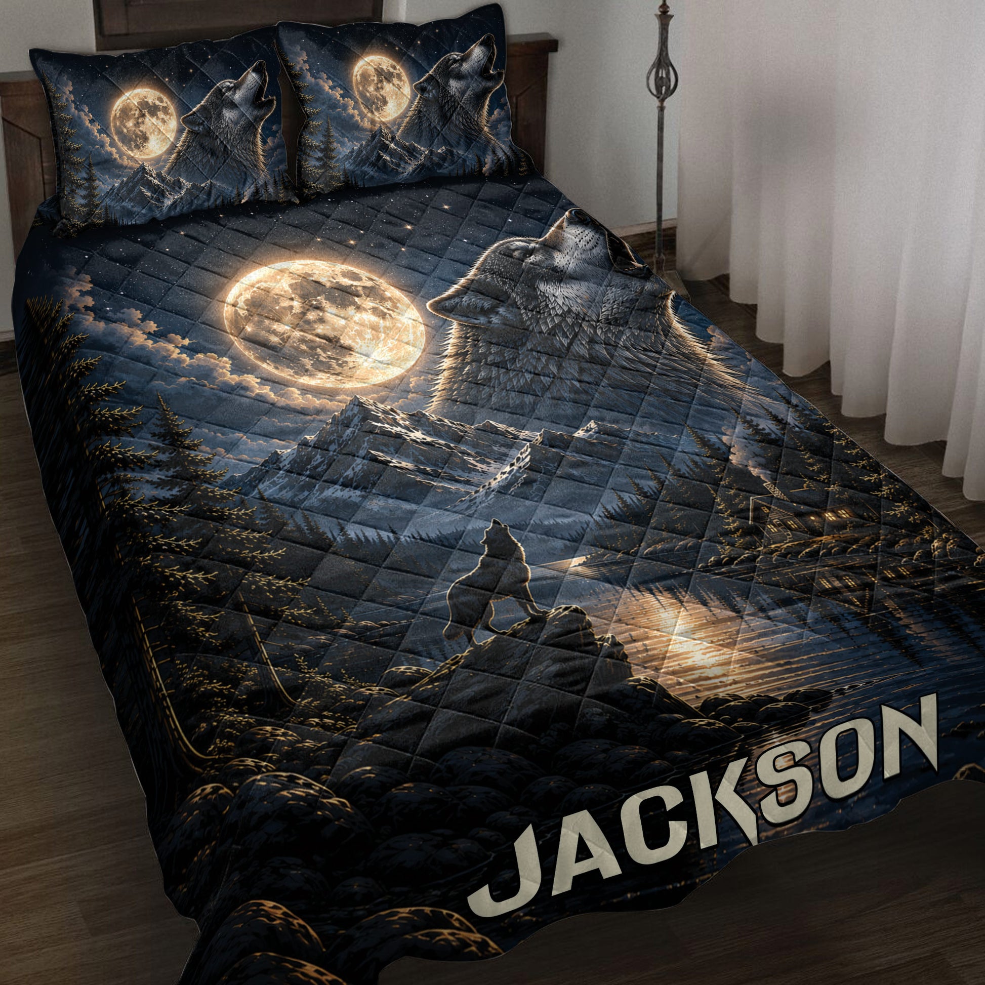 Wolf quilt bedding set with howling wolves, glowing full moon, mountain lake, forest, and cabin artwork