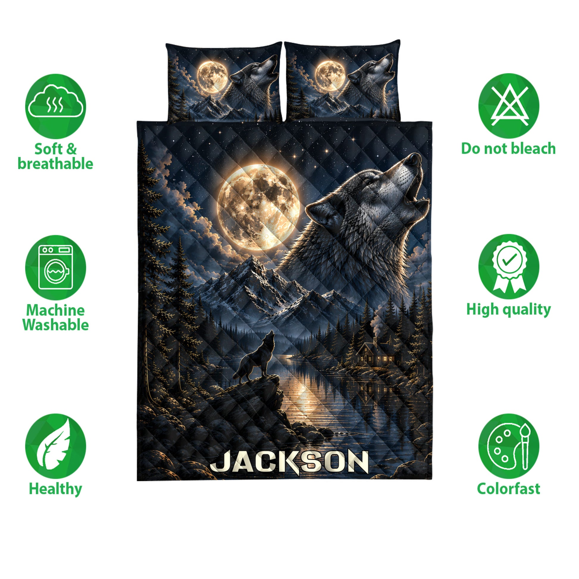 Wolf quilt bedding set displayed with moonlit mountain artwork and product feature icons