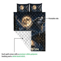 Wolf quilt showing a moonlit mountain landscape, printed front, and white quilted reverse