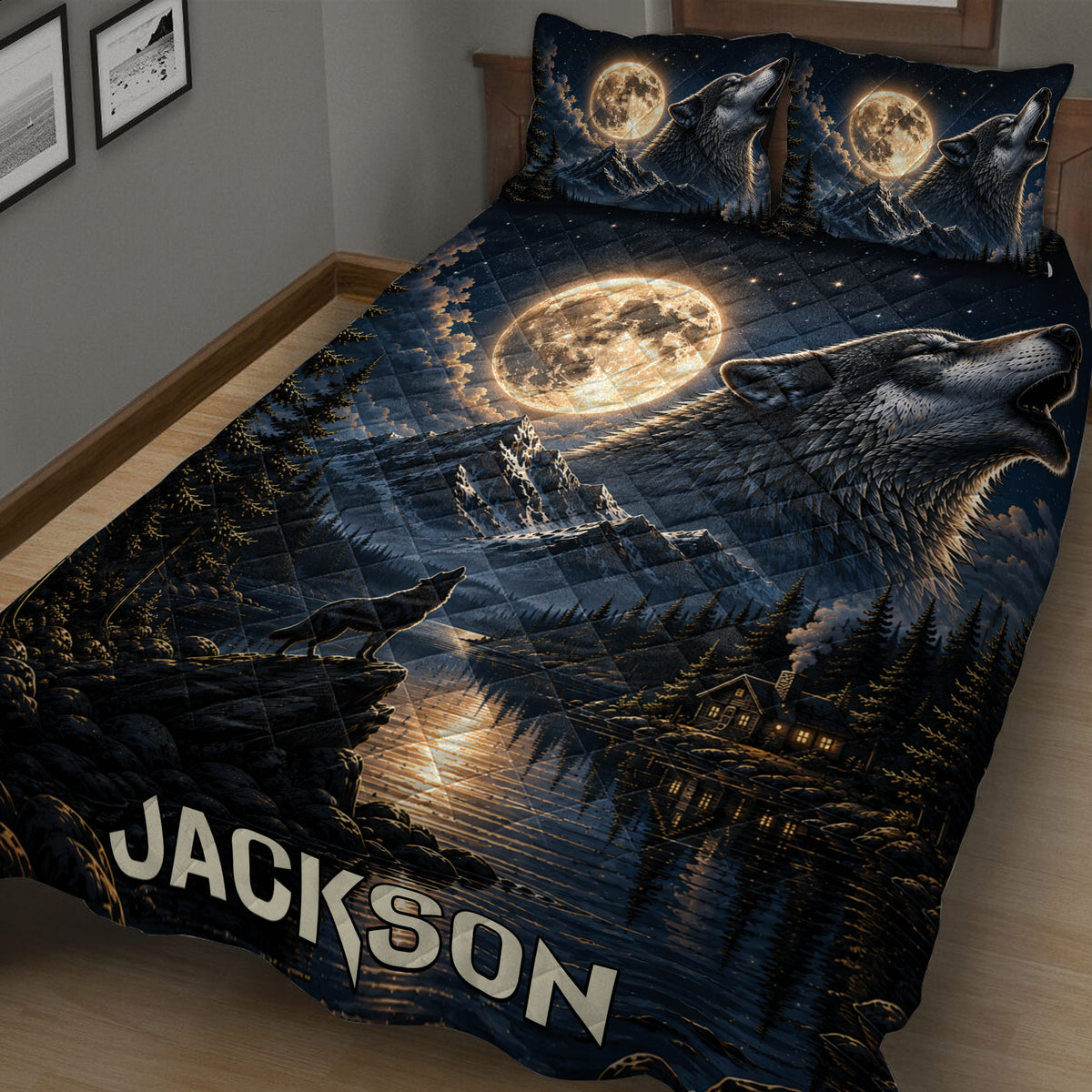 Close view of wolf quilt bedding with moonlit mountain landscape, forest lake, cabin, and howling wolves