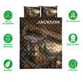 Deer quilt bedding set shown with buck artwork, woodland scenery, and product feature icons around the bed