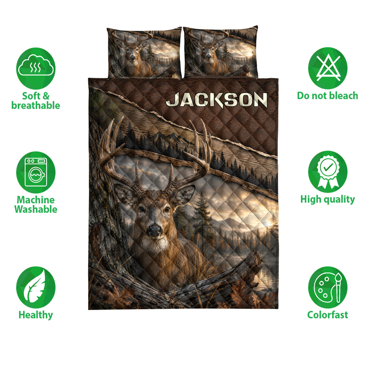 Deer quilt bedding set shown with buck artwork, woodland scenery, and product feature icons around the bed