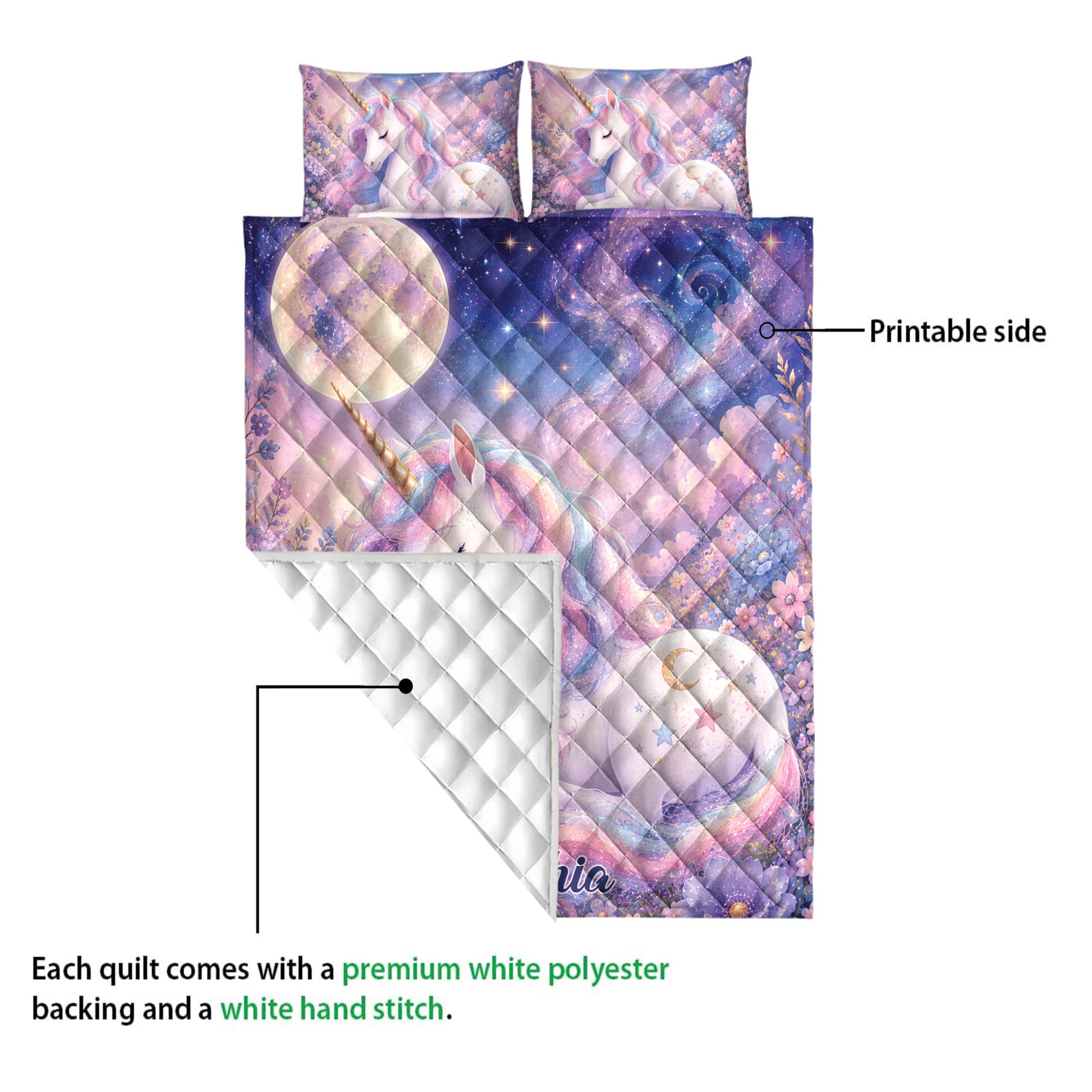 Unicorn quilt bedding set showing the colorful printable front and white diamond-stitched backing