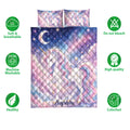Unicorn quilt bedding set shown with pastel starry artwork and soft, breathable product feature icons