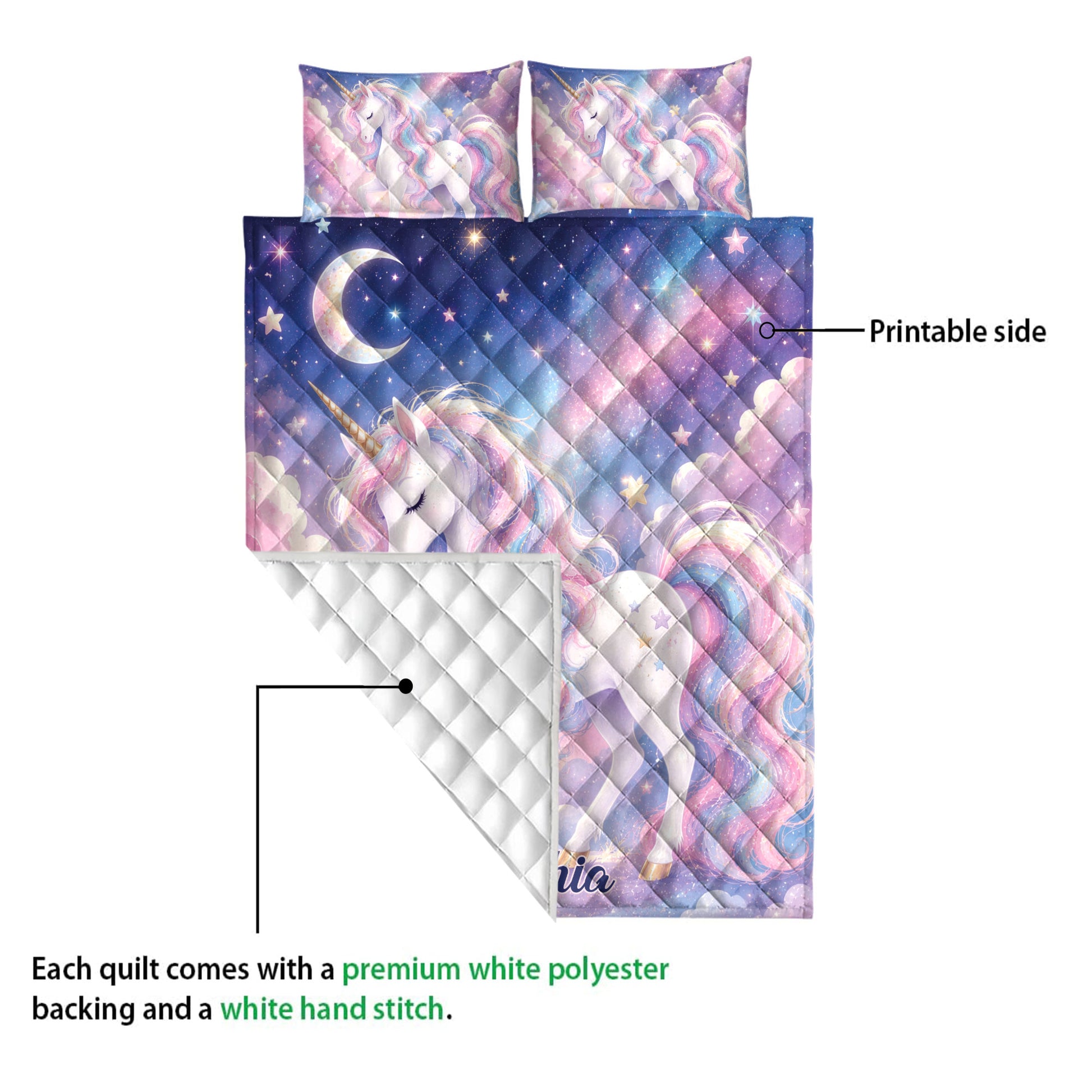 Unicorn quilt blanket detail showing the colorful printed front and white quilted backing
