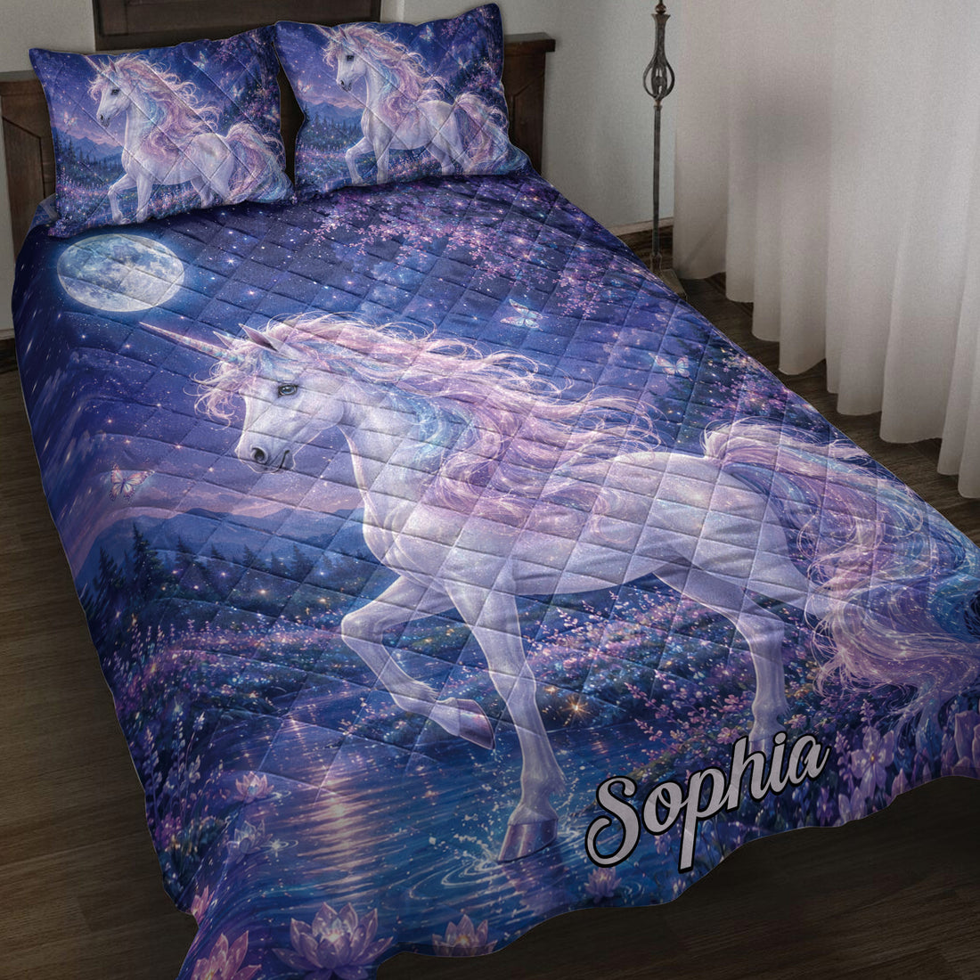 Unicorn quilt bedding set displayed on a bed with moonlit forest, butterflies, flowers, and lavender-blue artwork