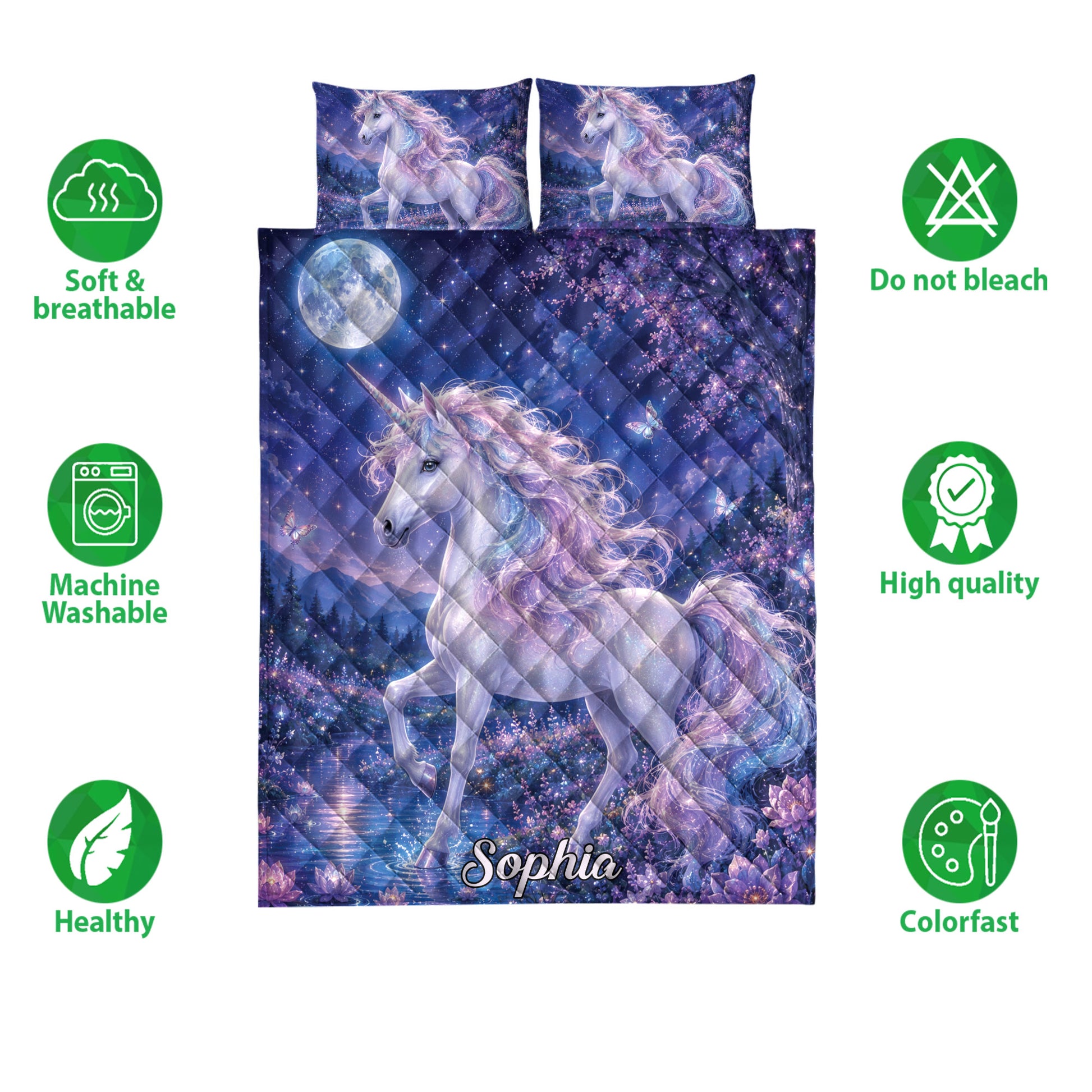 Unicorn quilt bedding set shown with matching artwork, soft breathable design, and colorful bedroom-friendly print