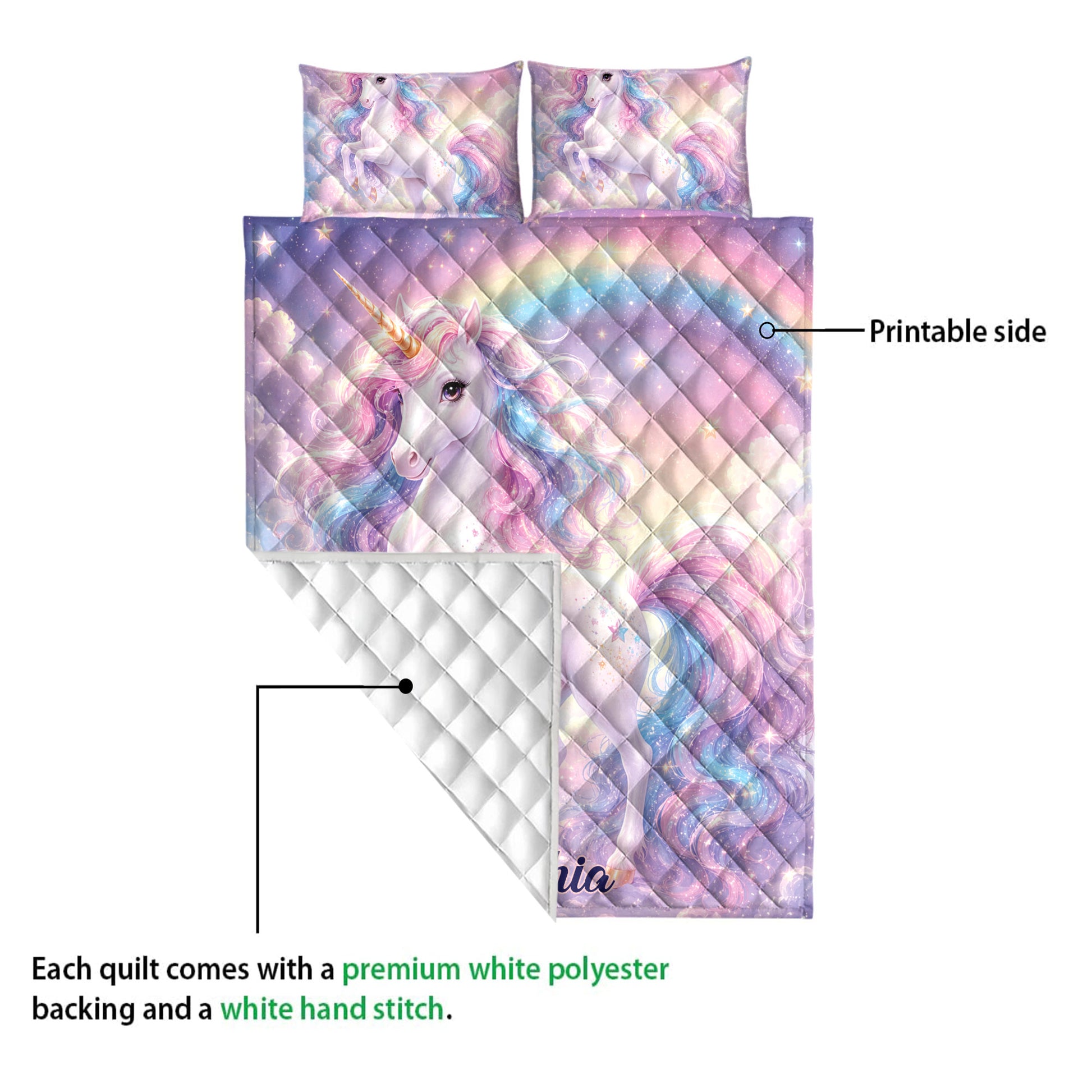 Unicorn quilt blanket showing the printed front and quilted white backing detail