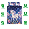 Unicorn quilt bedding set shown with rainbow-maned unicorn artwork and soft, breathable, colorful product feature icons