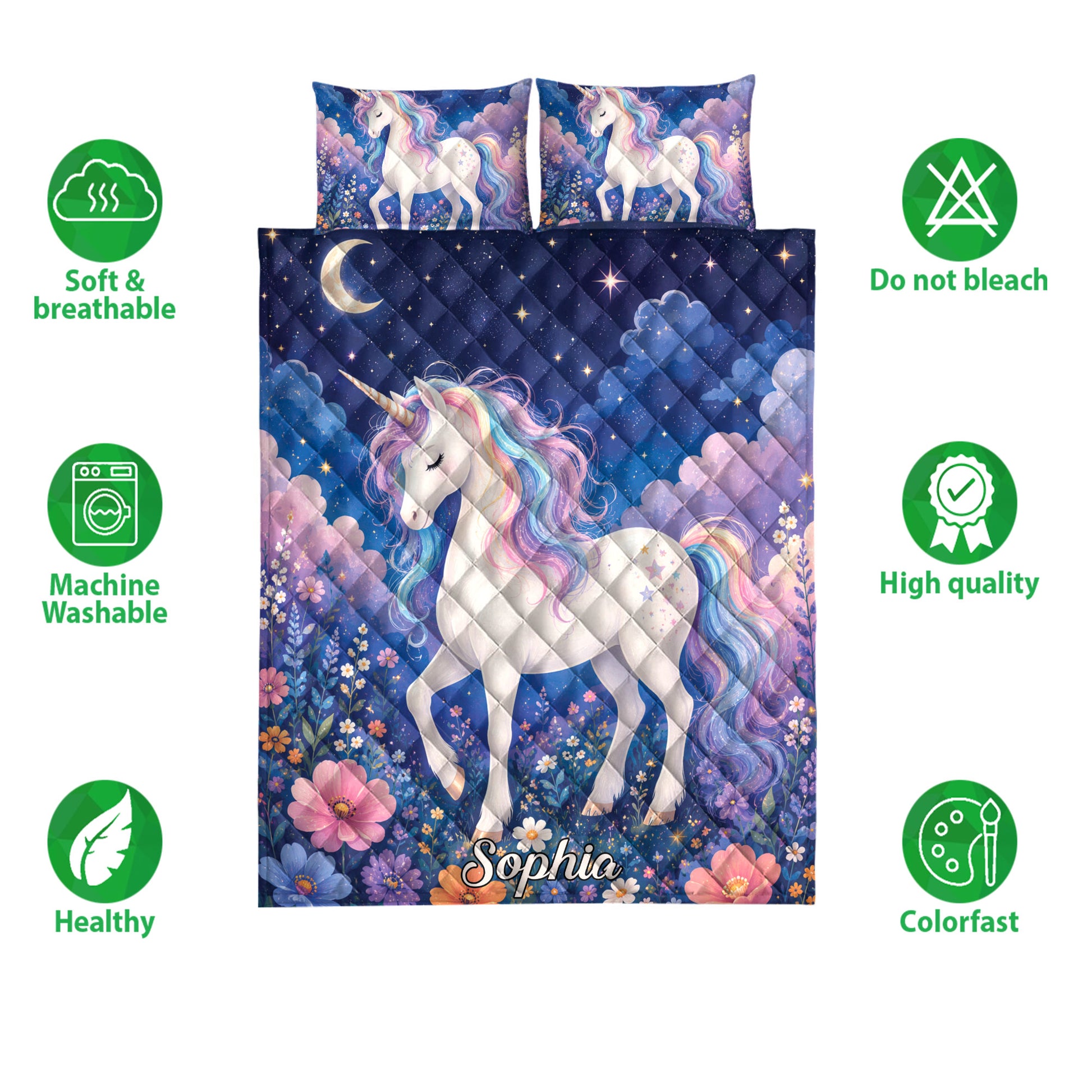Unicorn quilt bedding set shown with rainbow-maned unicorn artwork and soft, breathable, colorful product feature icons