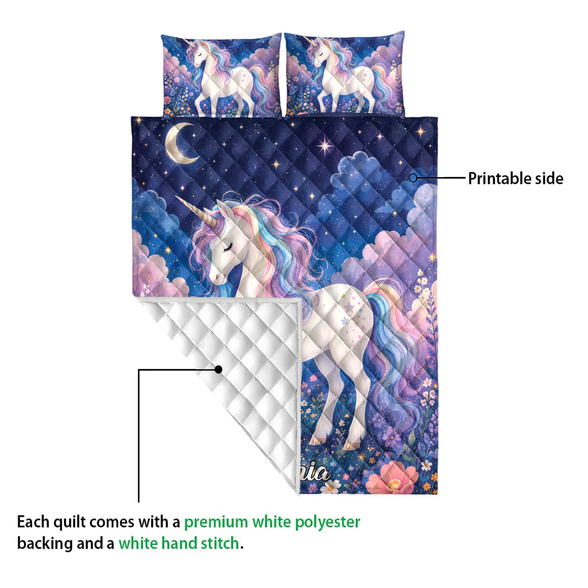 Unicorn quilt bedding set showing the printed front and white quilted backing with a floral, moonlit design
