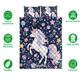 Unicorn quilt bedding set with floral rainbow artwork shown alongside soft breathable and washable feature icons