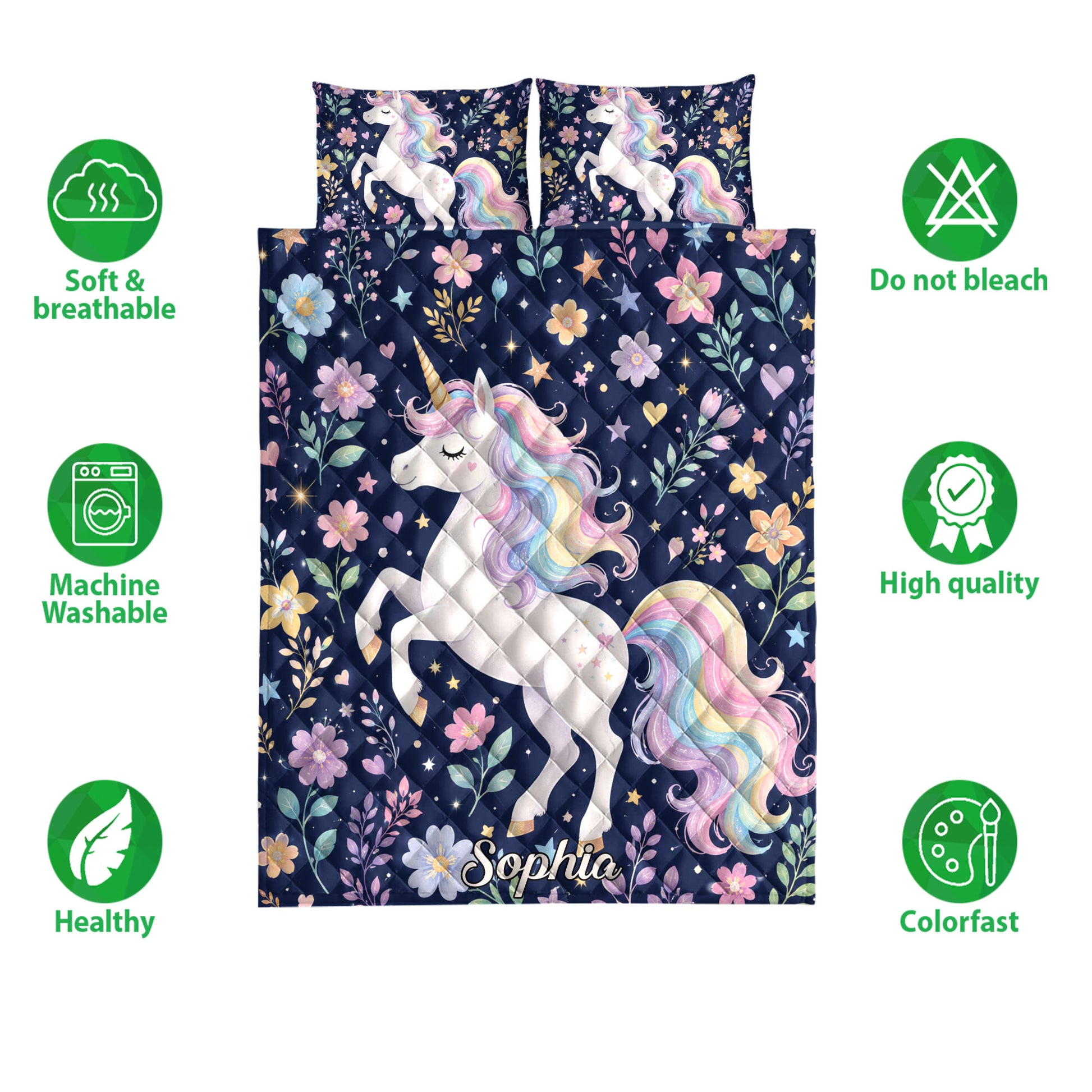Unicorn quilt bedding set with floral rainbow artwork shown alongside soft breathable and washable feature icons