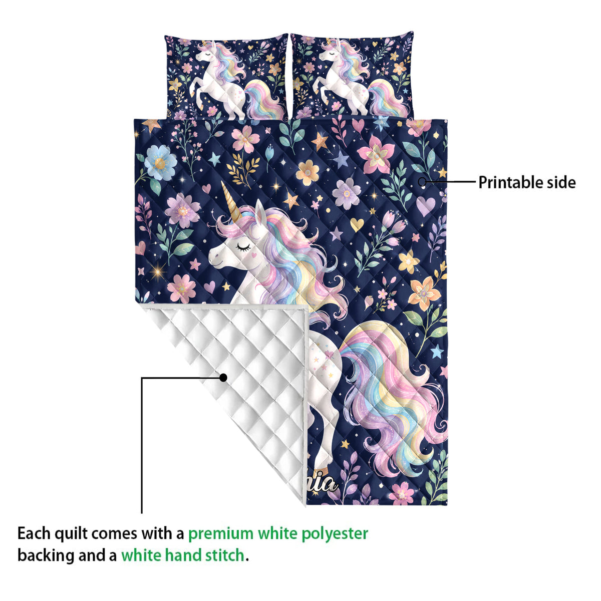 Unicorn quilt blanket showing the printed floral side and white quilted backing