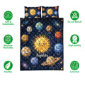 Space-themed quilt bedding set with smiling planets, stars, solar system artwork, and feature icons