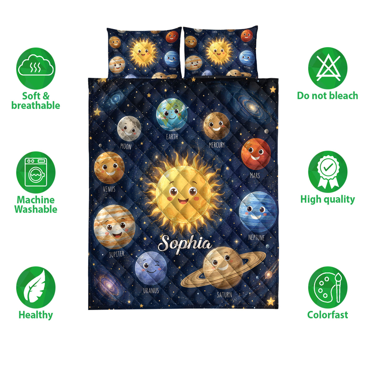 Space-themed quilt bedding set with smiling planets, stars, solar system artwork, and feature icons