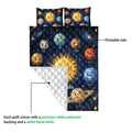 Astronaut quilt blanket showing colorful solar system artwork and a close-up of the printed and quilted sides
