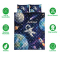 Astronaut quilt blanket and pillowcase design shown with planets, rockets, stars, and space-themed artwork
