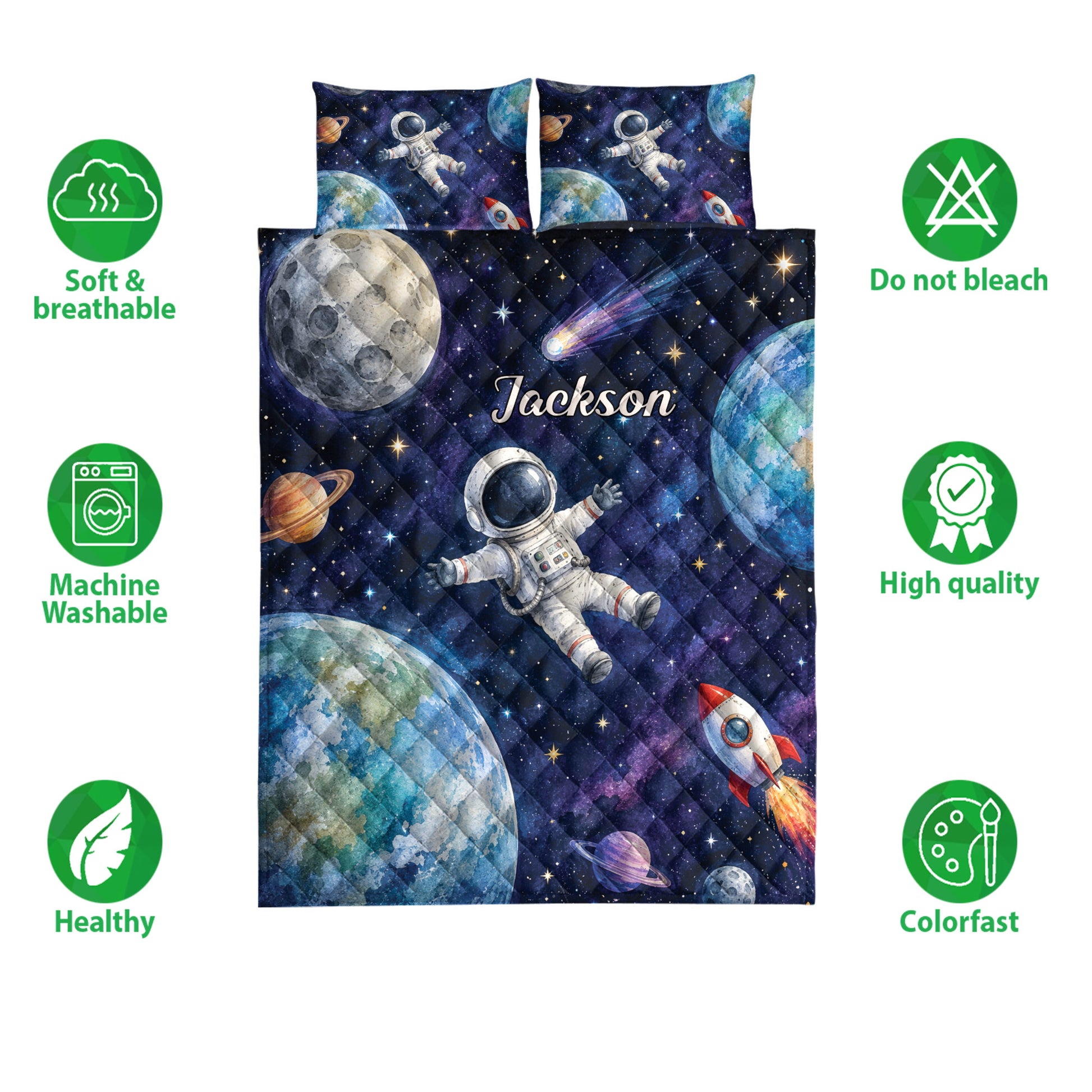 Astronaut quilt blanket and pillowcase design shown with planets, rockets, stars, and space-themed artwork