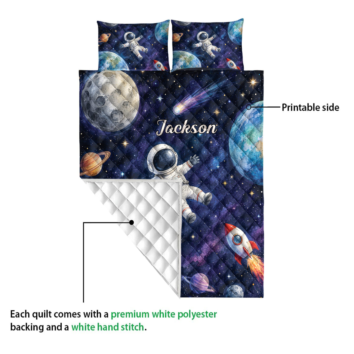 Astronaut quilt bedding detail showing the printed space side and diamond quilting with planet artwork