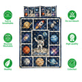 Astronaut quilt bedding set shown with space artwork and product feature icons