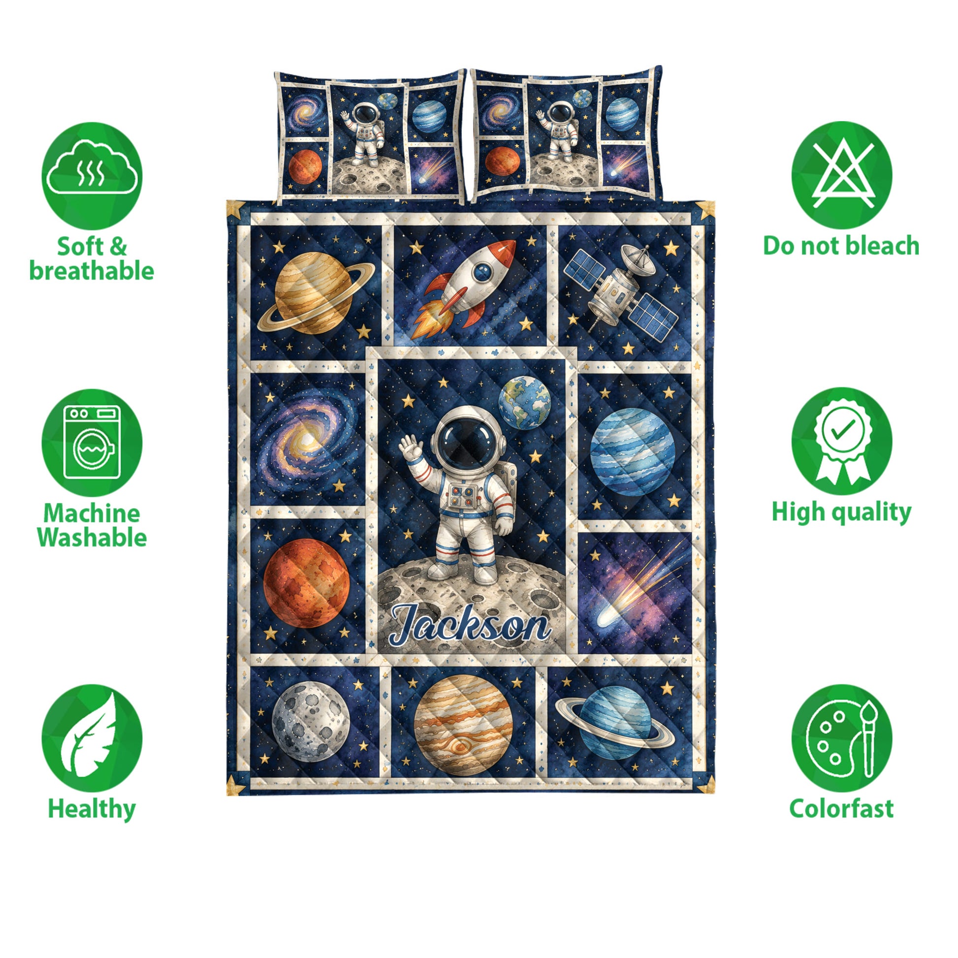 Astronaut quilt bedding set shown with space artwork and product feature icons