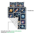 Astronaut quilt showing colorful space artwork, printed front, and white quilted backing