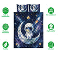 Astronaut quilt blanket bedding set shown with space artwork, stars, moons, and rockets in deep blue tones