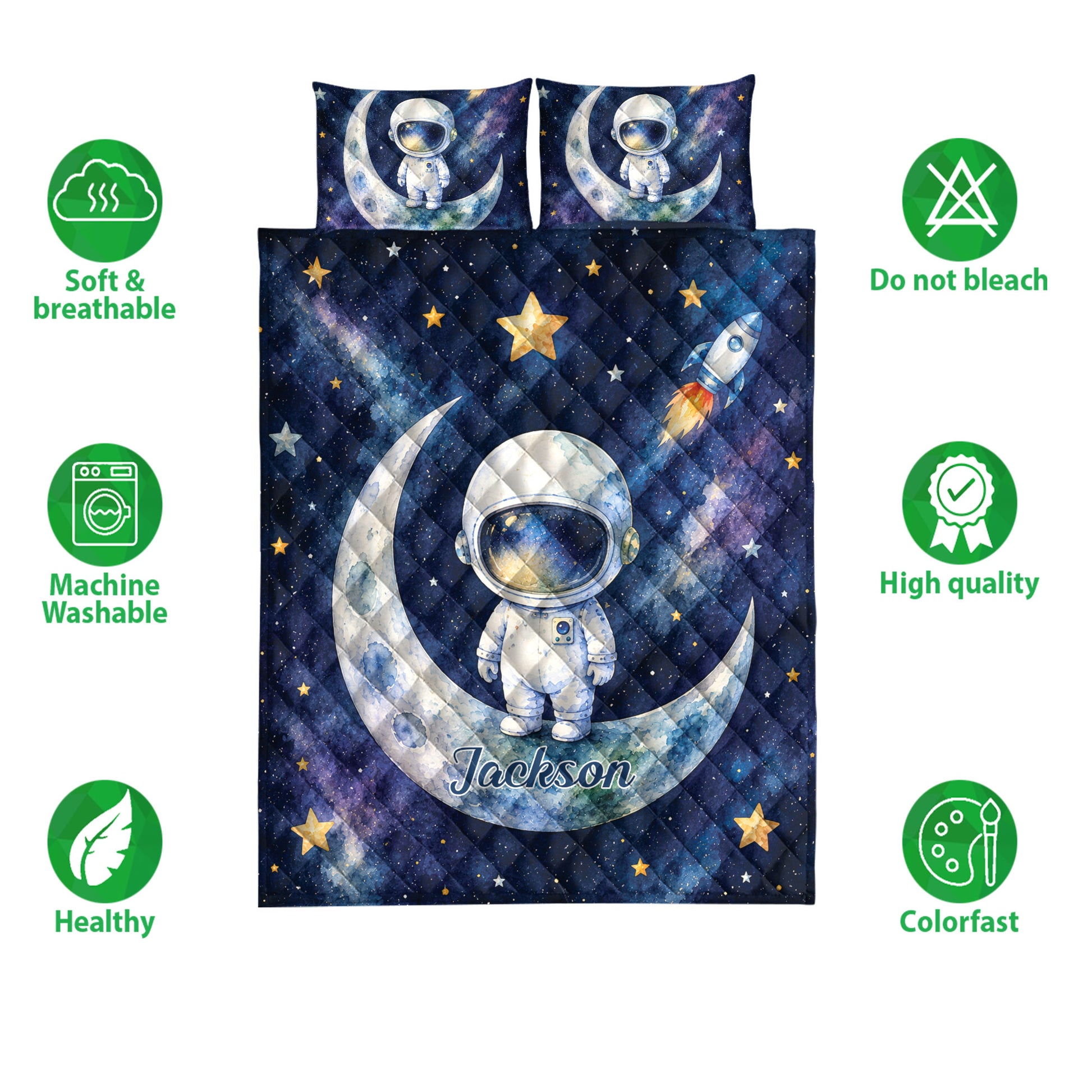Astronaut quilt blanket bedding set shown with space artwork, stars, moons, and rockets in deep blue tones
