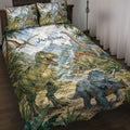 Dinosaur quilt blanket spread across a bed with jungle scenery, volcanoes, flying reptiles, and prehistoric animals