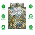 Dinosaur quilt bedding set displayed with prehistoric artwork and surrounding soft, washable, colorfast feature icons