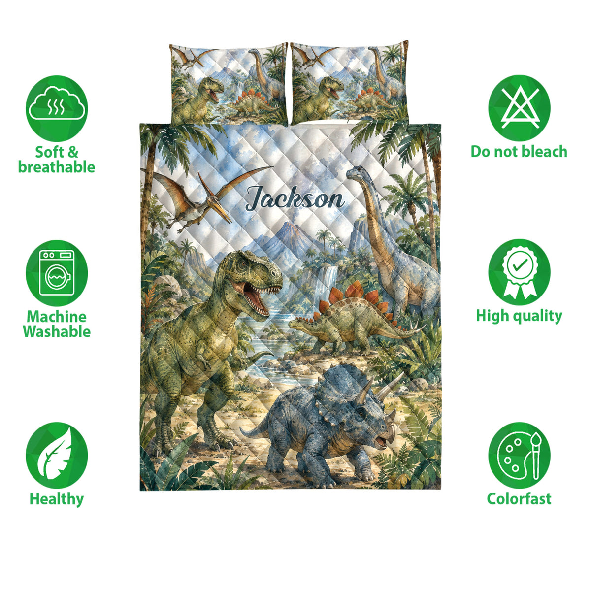 Dinosaur quilt bedding set displayed with prehistoric artwork and surrounding soft, washable, colorfast feature icons