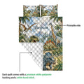 Dinosaur quilt showing colorful printed artwork, white quilted backing, and the printable front side