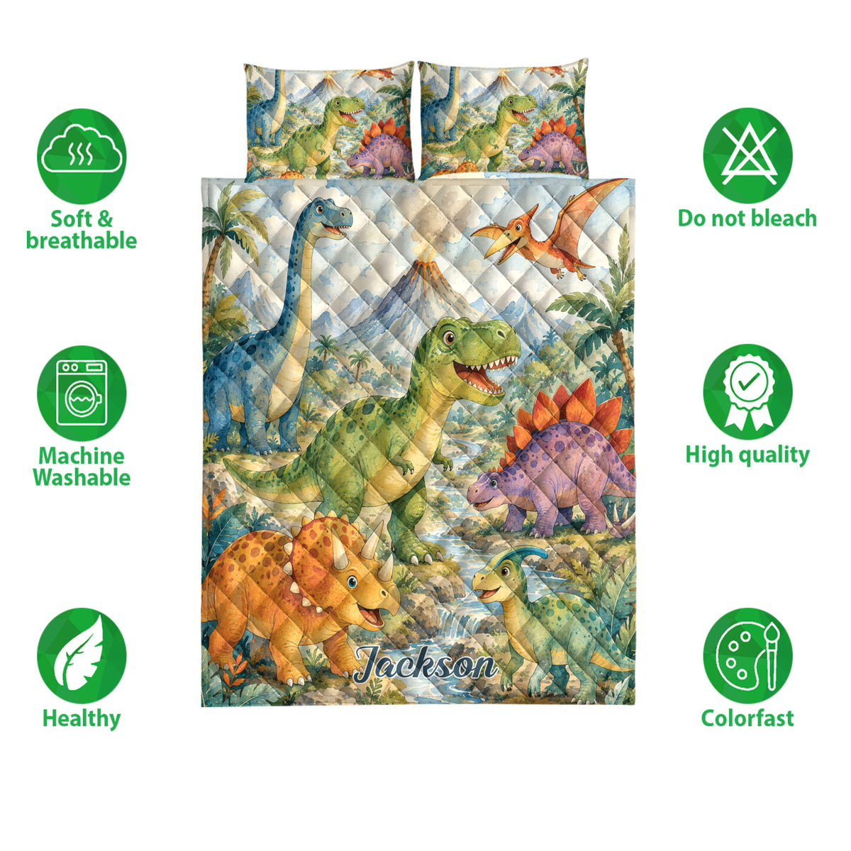 Dinosaur quilt bedding set shown flat with colorful prehistoric artwork and two matching pillowcase designs