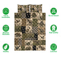 Dinosaur quilt bedding set shown with matching pillowcases and feature icons around the patchwork print