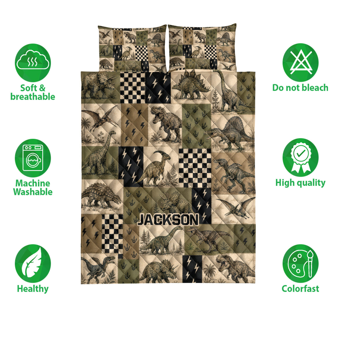 Dinosaur quilt bedding set shown with matching pillowcases and feature icons around the patchwork print