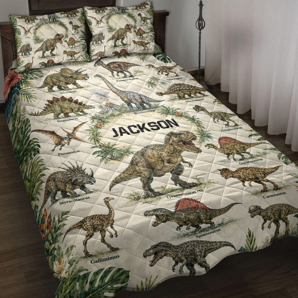 Dinosaur quilt bedding set displayed on a bed with tropical leaves and illustrated prehistoric animals