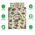 Dinosaur quilt and pillowcase design shown with soft breathable and colorfast feature icons