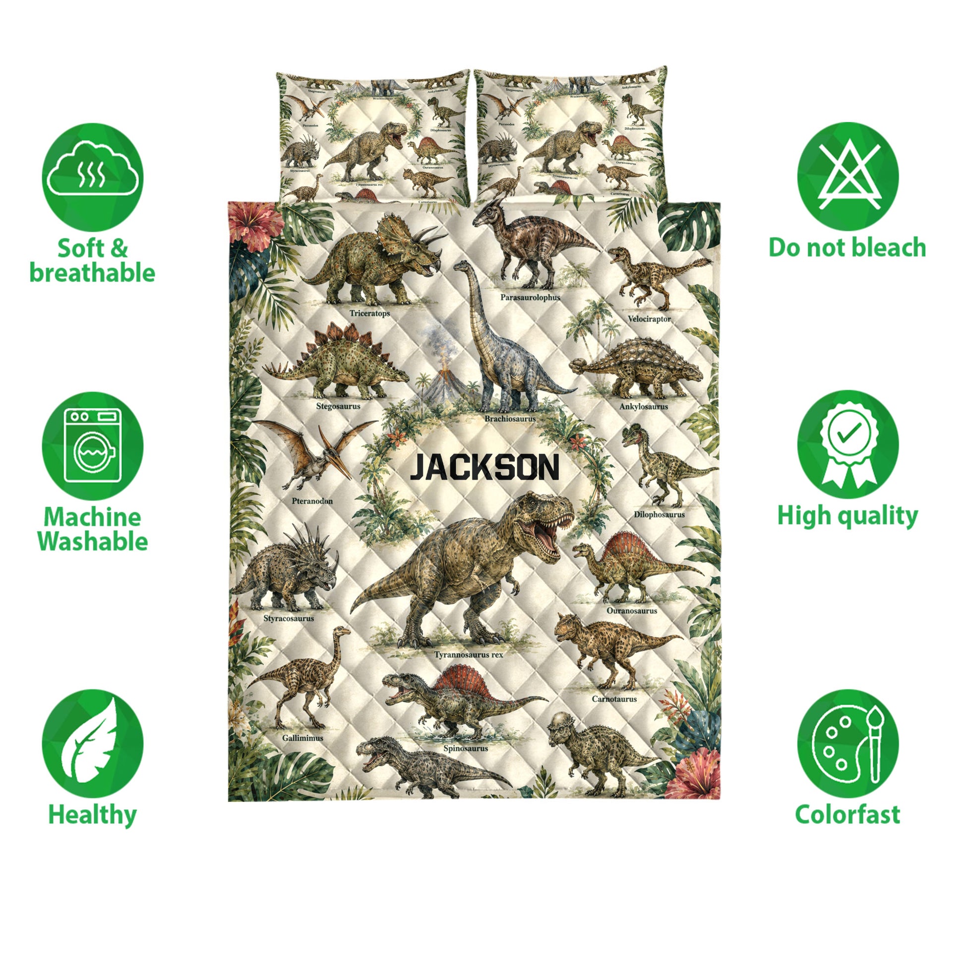 Dinosaur quilt and pillowcase design shown with soft breathable and colorfast feature icons