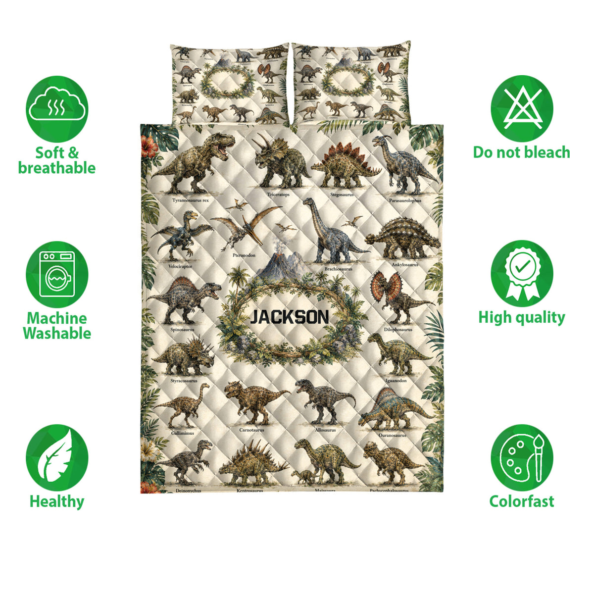 Dinosaur quilt bedding set shown front-facing with detailed prehistoric artwork and illustrated product feature icons