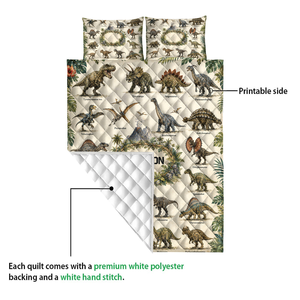 Dinosaur quilt showing its printed front, white quilted backing, and finished hand-stitched construction