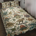 Dinosaur quilt blanket displayed on a bed with detailed prehistoric animals, tropical plants, flowers, and a volcano