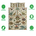Dinosaur quilt bedding set shown flat with prehistoric artwork, tropical foliage, flowers, and feature icons