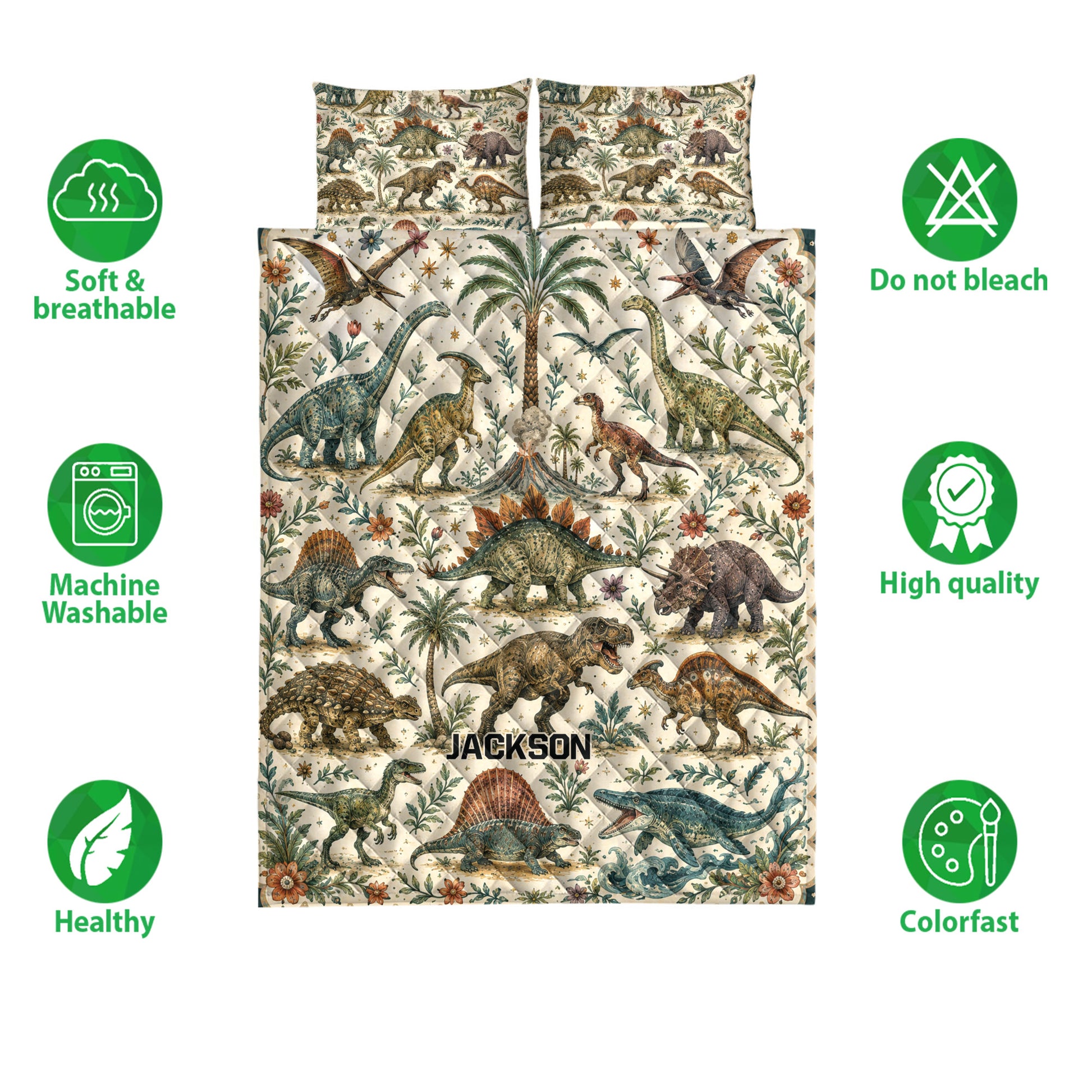 Dinosaur quilt bedding set shown flat with prehistoric artwork, tropical foliage, flowers, and feature icons